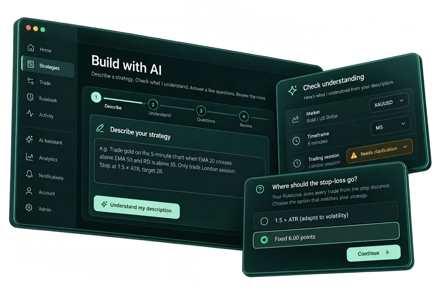 AI Builder with a strategy description, a check-understanding panel and a stop-loss clarification question.