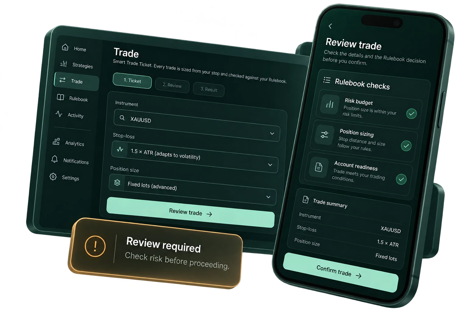 Desktop trade ticket and phone Rulebook review with a Review required message.