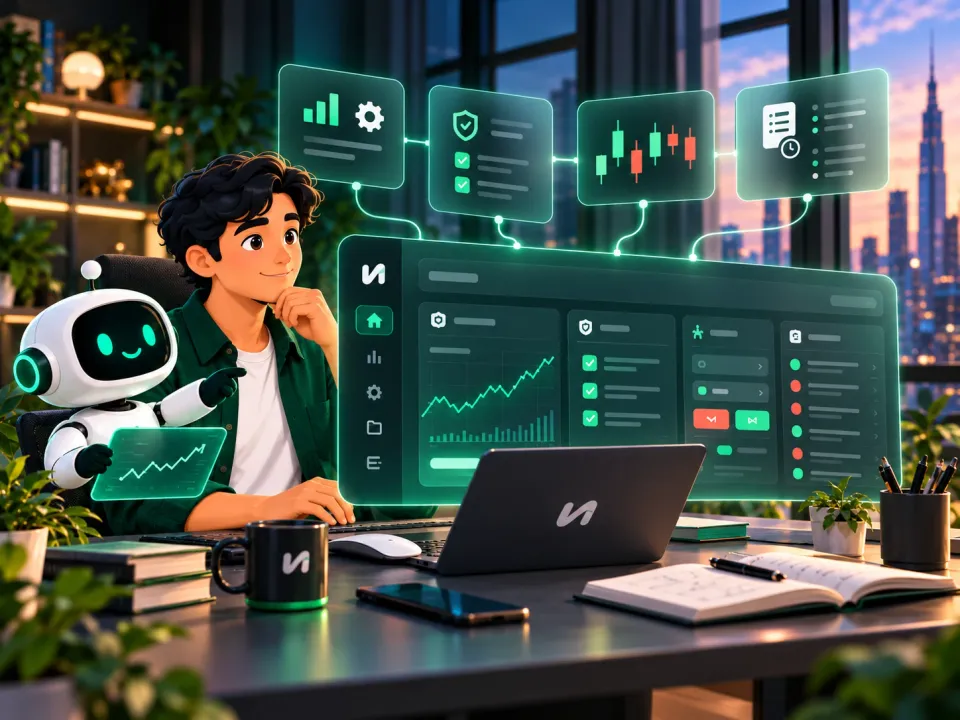 A cinematic concept of a trader and AI assistant reviewing an imagined dashboard.